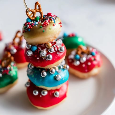 Edible Donut Stack Christmas Ornament Tower: close up of a colorful, glittering holiday dessert centerpiece.