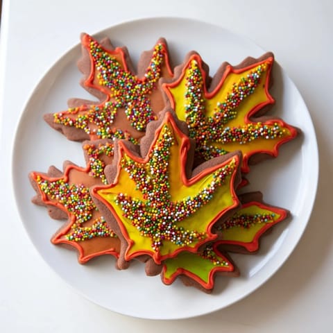 A close-up of beautifully iced Maple Leaf Cookies, prepared for fall celebrations with colorful icing.