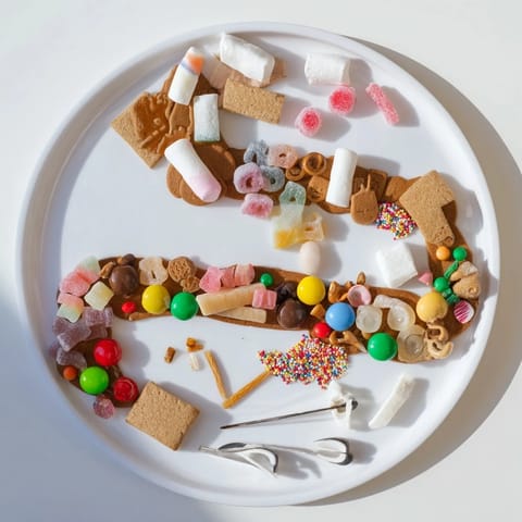 A colorful dessert photo showcases the whimsical Candy Land Gingerbread Path with various candies.