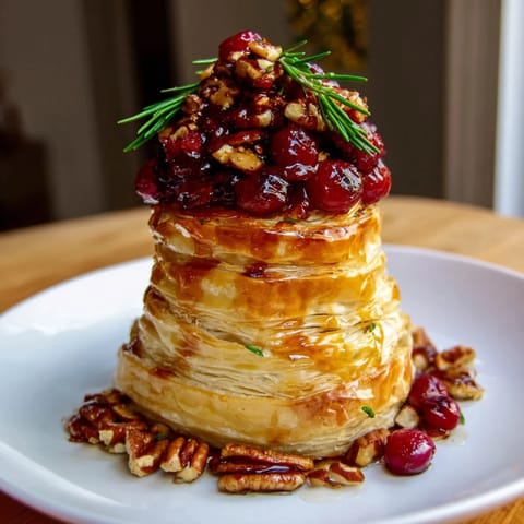 Golden, baked Brie en Croûte Pine Tree with cranberry filling, invitingly displayed for guests.