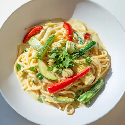 Vibrant Thai Curry Pasta, showcasing perfectly cooked pasta and fresh, crisp vegetables in a creamy sauce.