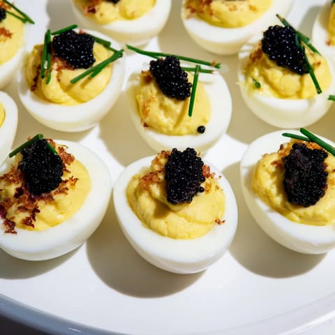 Huevos con caviar y chalotas