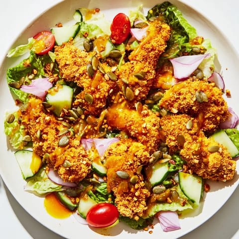 Golden, crispy chicken bathed in spicy hot honey, part of a refreshing salad.