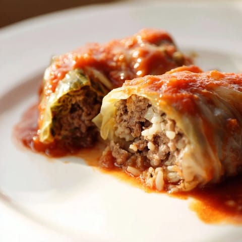 Tender cabbage rolls served hot from the oven, garnished with fresh parsley and a dollop of sour cream on a rustic plate.
