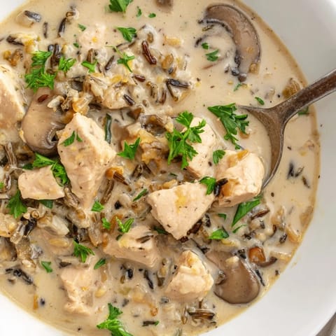 Arroz salvaje con trozos de pollo y champiñones salteados en una crema de Parmesano, lista para disfrutar en una noche fría.