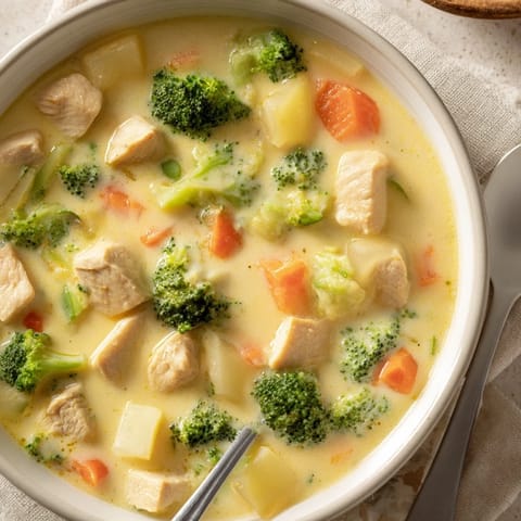 Steaming pot of homemade Chicken Broccoli Cheddar Soup featuring melted cheddar and diced carrots.