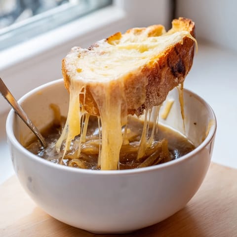 French Onion Soup servida en cuenco de barro, con queso Gruyère burbujeante y pan dorado.