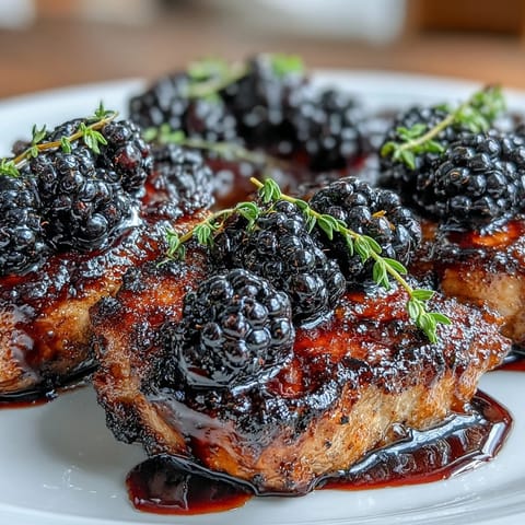 Paquetes de chuletas de cerdo sin hueso con una rica salsa de mermelada de mora y bourbon, adornadas con moras frescas y tomillo.