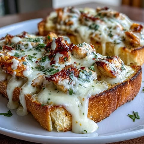 Pan ajo relleno de pollo Alfredo recién salido del horno, con queso mozzarella y cheddar fundido y perejil fresco.
