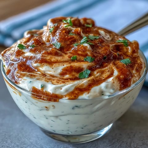 Un bote de salsa Southwest Ranch cremosa y de color naranja pálido junto a zanahorias baby y tallos de apio para dipear.