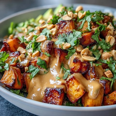 El bol de batata tailandesa con batata asada, verduras crujientes y rica salsa.