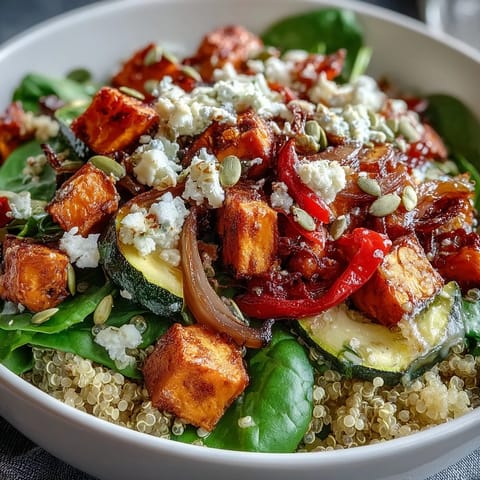 Bowl de ensalada tibia lleno de vegetales asados, quinoa y espinacas, servido con queso feta y una vinagreta tibia.