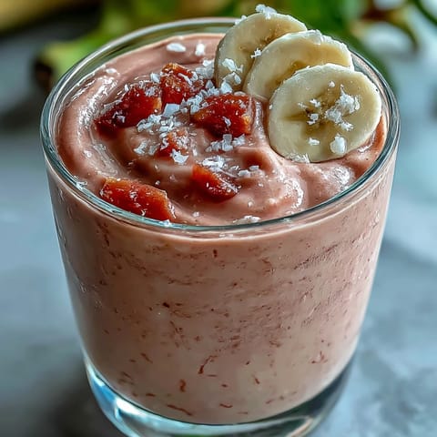 Guava Banana Smoothie servido con pajita, brillante y refrescante sobre una mesa de cocina soleada.