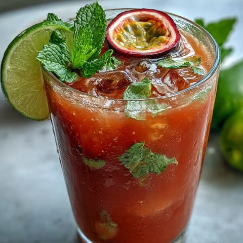 Textura cremosa del DIY Iced Guava Passionfruit Drink, con trozos de piña y una rodaja de limón en el borde.