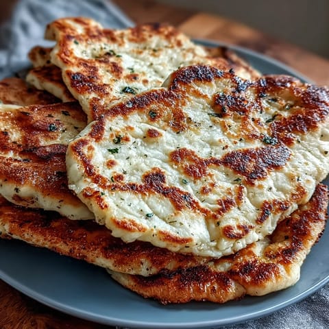 Stack of freshly baked The Best Easy Garlic Naan Bread ready to scoop up rich curry or stew.