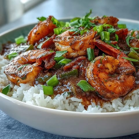 La clásica Nueva Orleans Étouffée se sirve humeante con camarones en salsa de roux oscuro y arroz blanco.