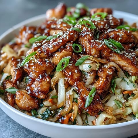 El Bowl de Egg Roll con pollo se sirve sobre arroz blanco, con su mezcla crujiente de repollo y zanahorias en una salsa agridulce.