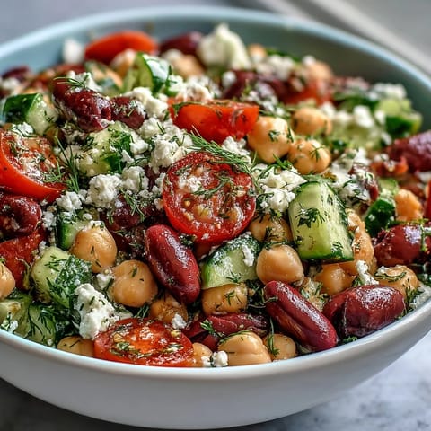 Ensalada griega de frijoles marinados en limón, con pepino, tomates cherry, aceitunas y queso feta desmenuzado.