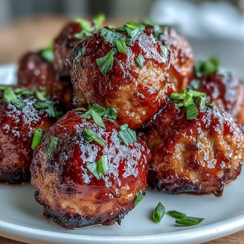Oven-baked Spicy Chili Honey Turkey Meatballs glistening with a sweet and spicy glaze