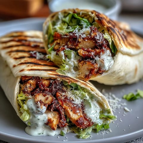 Garlic Naan Grilled Chicken Caesar Wraps servidos calientes, rellenos de pollo jugoso y aderezo César cremoso.