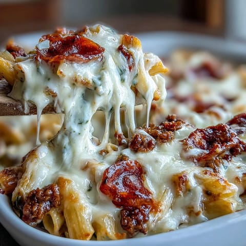 Delicioso High-Protein Pizza Pasta Bake recién horneado en un plato blanco, lista para servir con ensalada verde al lado.