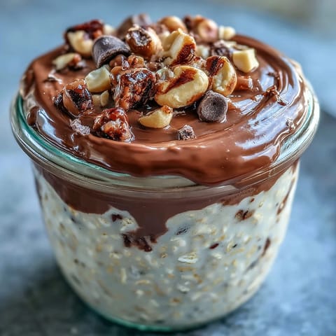 Spoon dipping into jars of chilled Peanut Butter Cup Overnight Oats, showing a creamy texture and a topping of mini chocolate chips.