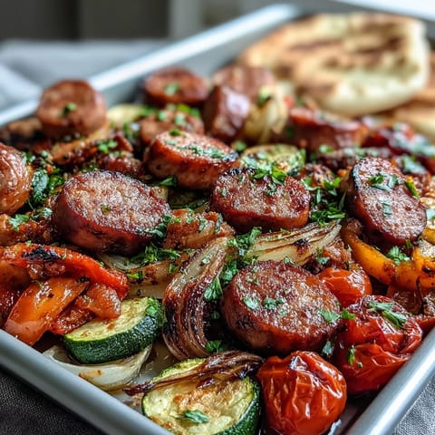 Delicioso Smoky Sheet Pan Sausage & Veggies con Naan, lista para compartir en una cena fácil y reconfortante de fusión.