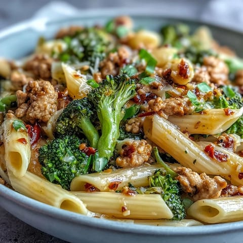 Savory Sweet & Spicy Turkey Broccoli Pasta garnished with green onions and sesame seeds.