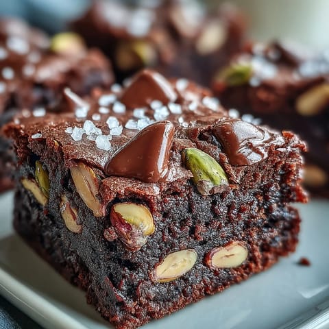 Cuchillo cortando cuadrados de pastel de pistachos y chocolate, con sal marina desmenuzada y trozos de pistachos por encima.