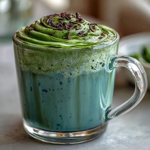 Two mugs of Black Sesame Matcha Latte topped with foam beside a bowl of matcha powder and sesame seeds.