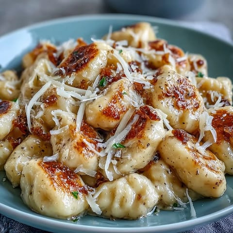 Gnocchi al trufa negra servidos con queso parmesano rallado y fresco de cebollino en un plato blanco.