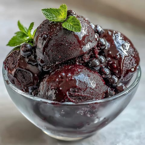 Deliche Black Currant & Gin Sorbet en copa de cristal, con escarcha y una ramita de menta.