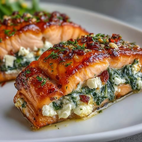 Golden Simple Baked Stuffed Salmon with Spinach and Feta topped with feta and roasted peppers beside lemon wedges.