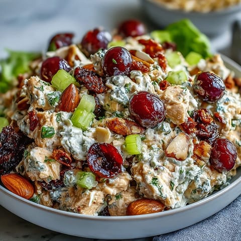 Deliciosa Vegan Chicken Salad sobre lechuga crujiente, con mayonesa vegana cremosa y una cuchara de almendras picadas.