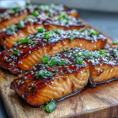 Delicioso Teriyaki Glazed Salmon con salsa espesa y agridulce, acompañado de cebollín fresco para un toque crujiente y colorido.