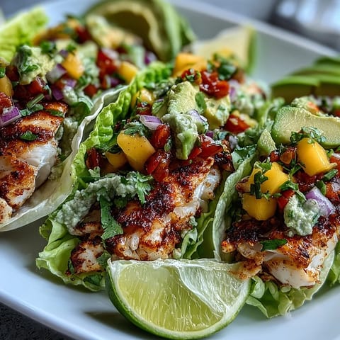 Tacos de pescado a la parrilla con salsa de mango en hojas de lechuga crujientes y aguacate