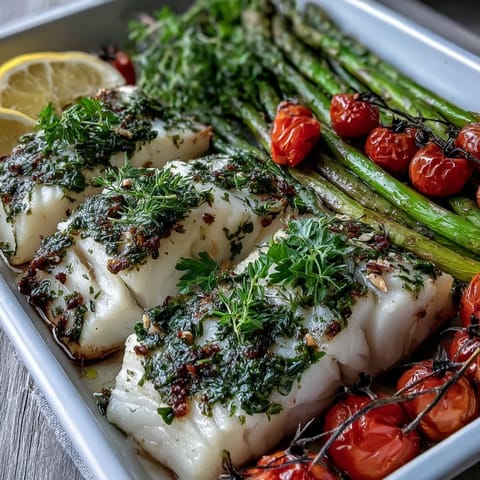 Fresh herbs and lemon zest flavor Baked Lemon Herb Cod, paired with tender asparagus and juicy tomatoes for an easy dinner.