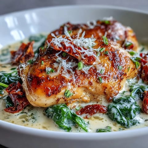Sizzling pan-seared chicken breasts bathed in a creamy Parmesan sauce with wilted baby spinach.