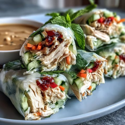 Delicate rice paper wraps stuffed with tender chicken and crisp veggies, ready for a peanut sauce dunk.