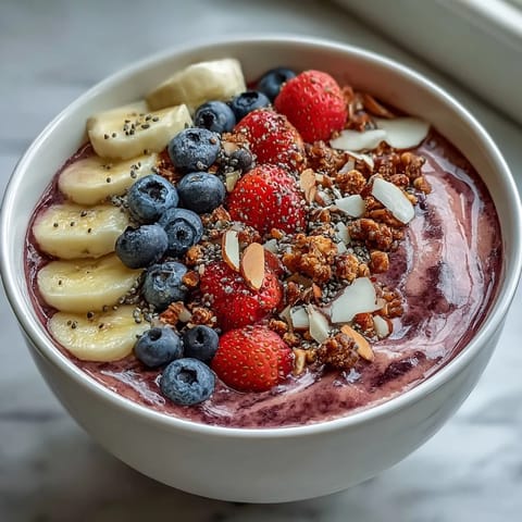 Un cuenco de Berry Greek Yogurt Smoothie Bowl con chía, cubierto de frutos rojos y coco para un desayuno saludable.