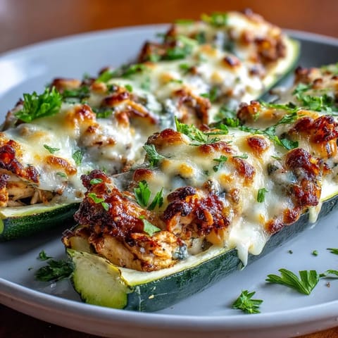 2. Deliciosos zucchini rellenos de pollo, crema de ajo y queso, horneados hasta dorar y burbujear—receta keto perfecta.  
