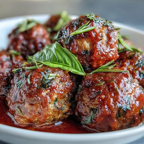 Plato saludable de albóndigas de pavo y vegetales horneadas, cubiertas con salsa marinara casera y hierbas frescas.  
