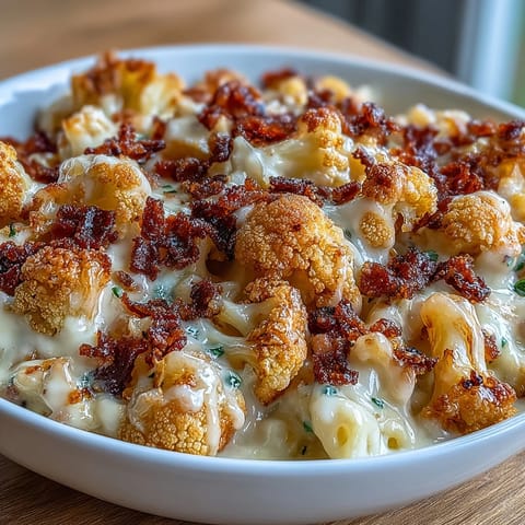 2. Indulge in Keto Mac and Cheese with Roasted Cauliflower and Bacon Crumbs: Rich cheese sauce coats tender cauliflower, finished with crunchy bacon bits.  