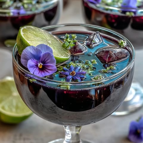 Cóctel vibrante de gin y grosella negra con un toque cítrico de lima y un toque floral en copa de cóctel.