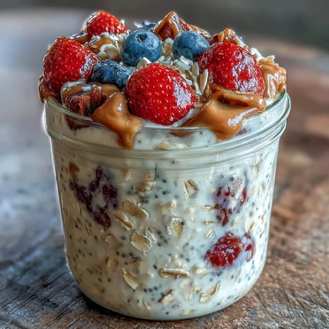 2. Avena nocturna con fresas, arándanos y un remolino de mantequilla de almendras, ideal para mañanas ocupadas.  
