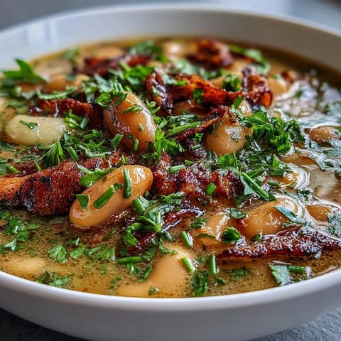 Plato de sopa de jamón y alubias con hierbas frescas, adornado con perejil y cebollino picado.