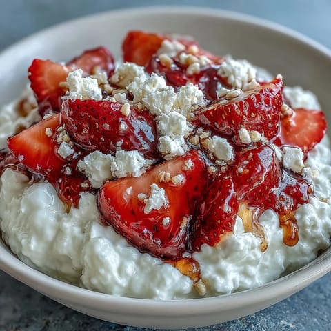 Cuenco de queso cottage con fresas y miel, con rodajas de plátano y arándanos, perfecto para un snack nutritivo.  