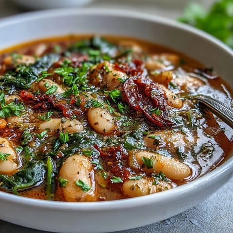 Sopa de frijoles blancos toscana con pan de ajo en un tazón rústico, acompañada de pan dorado y crujiente.  