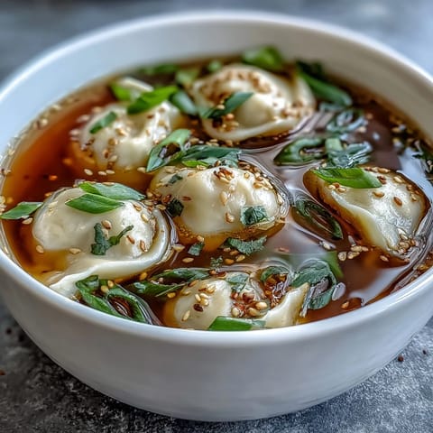 Tazón humeante de sopa de dumplings con caldo de pollo y cebollín fresco, con dumplings caseros flotando en un caldo aromático.  