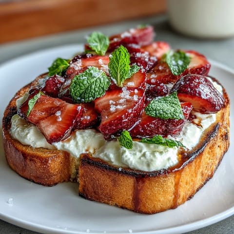 2. Tostada dorada cubierta con ricotta suave, fresas jugosas y miel dorada, decorada con menta fresca y sal marina.  